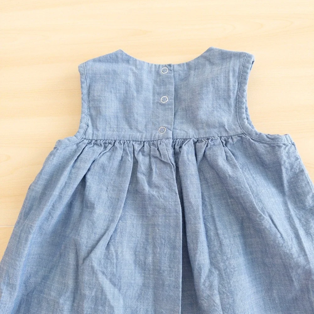 Iris & Ivy Girls Denim Dress Size 5 Blue Chambray Geometric Embroidered‎ Pom Pom